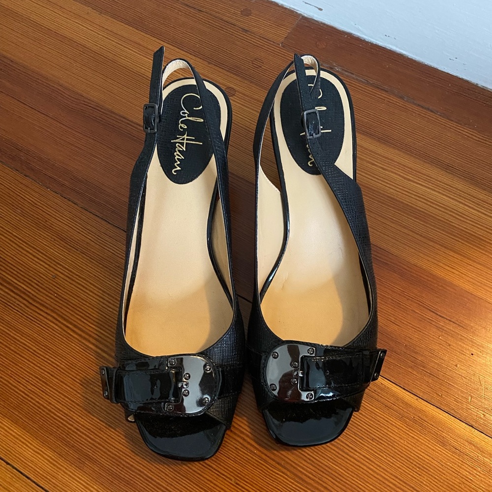 Black peep toe Cole Haan buckle sandal, size 7.5